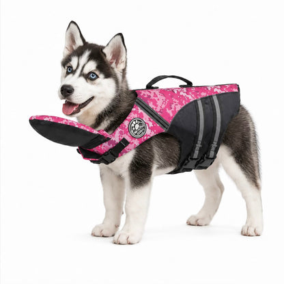 Husky wearing pink camouflage life jacket